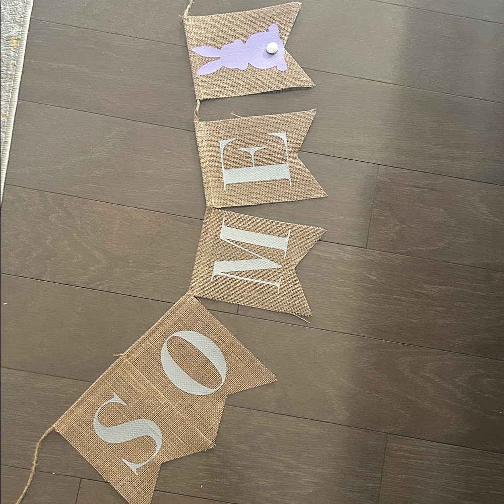 Burlap Banner with Purple Bunny and Silver Letters